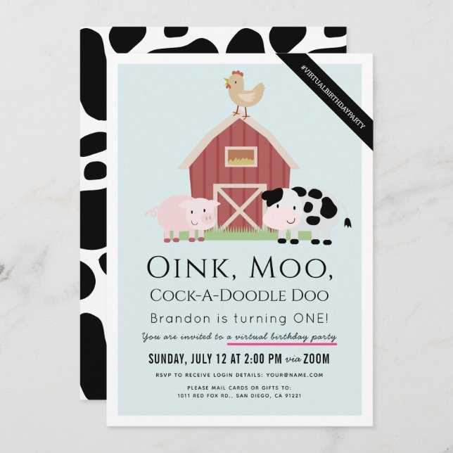 Boskap Barnyard Blue Virtuell 1:a födelsedag Inbjudningar (Fram/baksida)