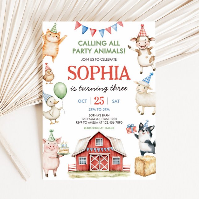 Boskap Barnyard Födelsedagsfest Inbjudningar (Farm Animals Red Barnyard Birthday Party Invitation)