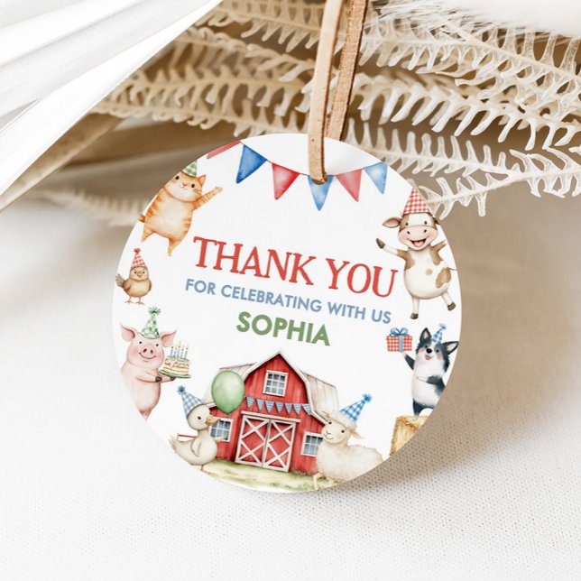 Boskap Barnyard Födelsedagsfest Round Gåvor Etiketter (Farm Animals Red Barnyard Birthday Party Round Favor Tags)