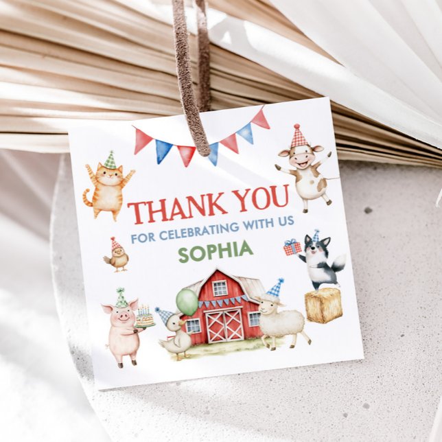 Boskap Barnyard Födelsedagsfest Square Gåvor Etiketter (Farm Animals Red Barnyard Birthday Party Square Favor Tags)