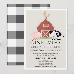 Boskap Barnyard Gingham Beige Baby Shower Inbjudningar