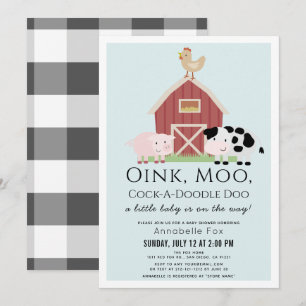 Boskap Barnyard Gingham Blue Boy Shower Inbjudningar