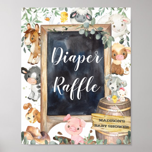 Boskap Barnyard Greenery Diaper Raffle Sign Poster (Framsidan)