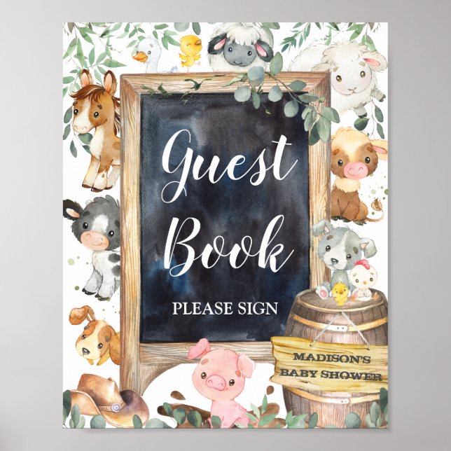 Boskap Barnyard Greenery Guestbook-tecken Poster (Framsidan)