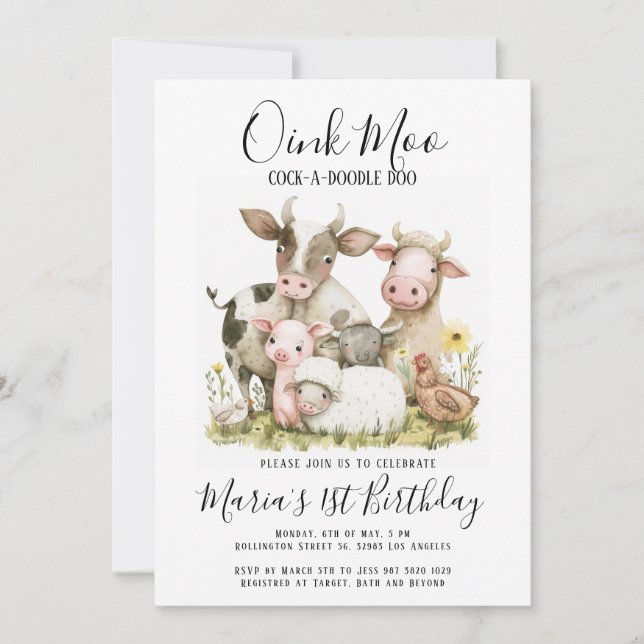 Boskap Barnyard Land Birthday Inbjudningar (Framsida)