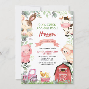 Boskap Barnyard Oink Baa Moo Birthday Inbjudningar