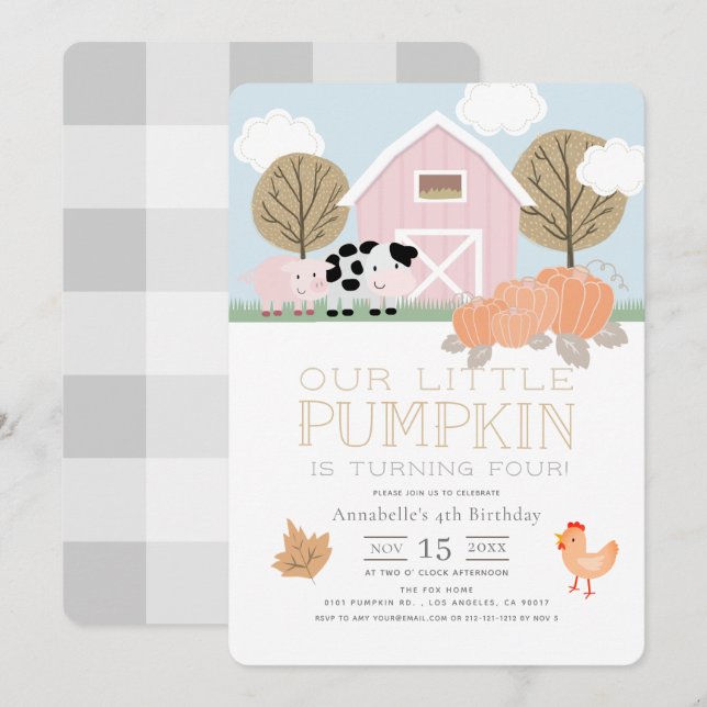Boskap Barnyard Pumpkin Patch Birthday Inbjudningar (Fram/baksida)