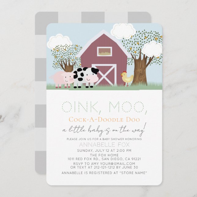 Boskap Barnyard Red Barn Baby Shower Inbjudningar (Fram/baksida)
