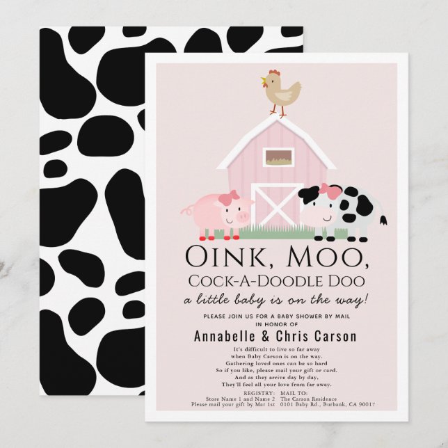 Boskap Barnyard Rosa Baby Shower by Mail Inbjudningar (Fram/baksida)