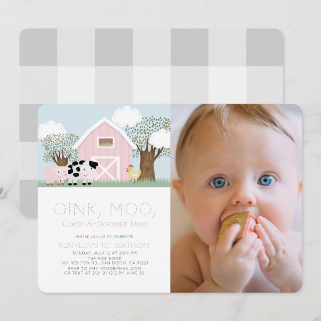 Boskap Barnyard Rosa Barn 1:a födelsedagsfoto Inbjudningar (Fram/baksida)