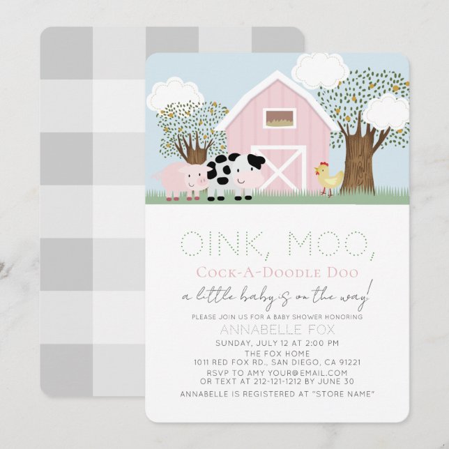 Boskap Barnyard Rosa Barn Girl Baby Shower Inbjudningar (Fram/baksida)