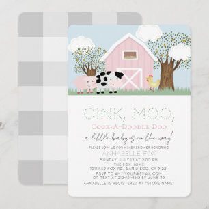 Boskap Barnyard Rosa Barn Girl Baby Shower Inbjudningar