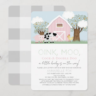 Boskap Barnyard Rosa Drive by Baby Shower Inbjudningar