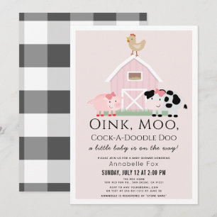 Boskap Barnyard Rosa Gingham Baby Shower Inbjudningar
