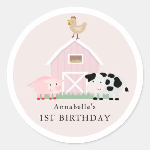 Boskap Barnyard Rosa Girl Birthday Runt Klistermärke