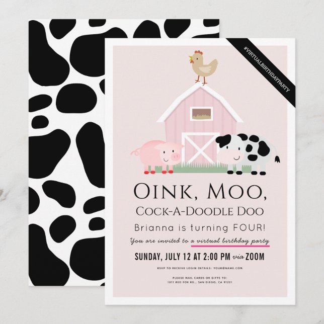 Boskap Barnyard Rosa Girl Virtuell Birthday Inbjudningar (Fram/baksida)