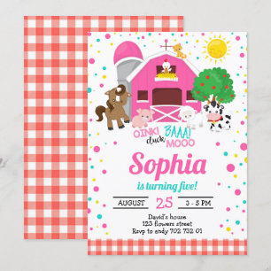 Boskap Barnyard Rosa Play Girl Birthday Inbjudningar