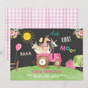 Boskap Barnyard Tractor Rosa Farmhouse Party Inbjudningar