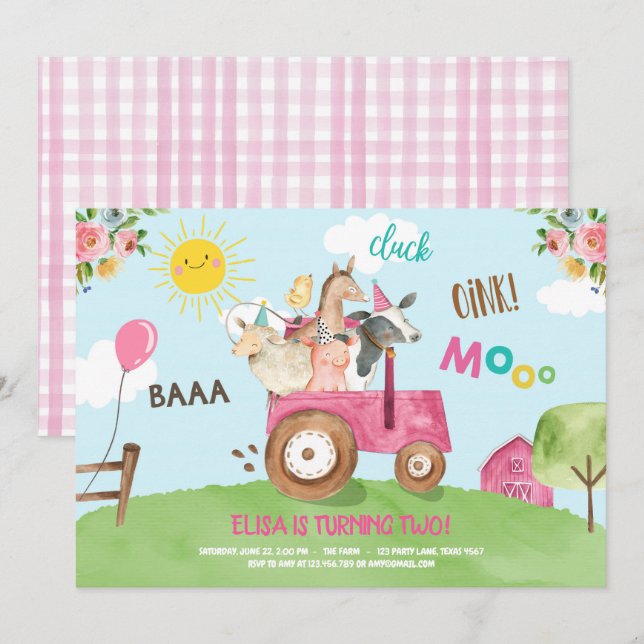 Boskap Barnyard Tractor Rosa Farmhouse Party Inbjudningar (Fram/baksida)