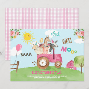 Boskap Barnyard Tractor Rosa Farmhouse Party Inbjudningar