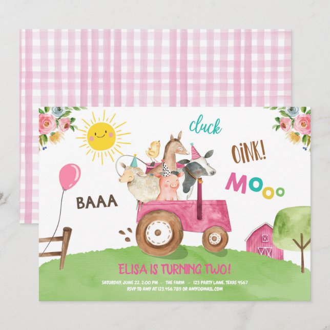 Boskap Barnyard Tractor Rosa Farmhouse Party Inbjudningar (Fram/baksida)