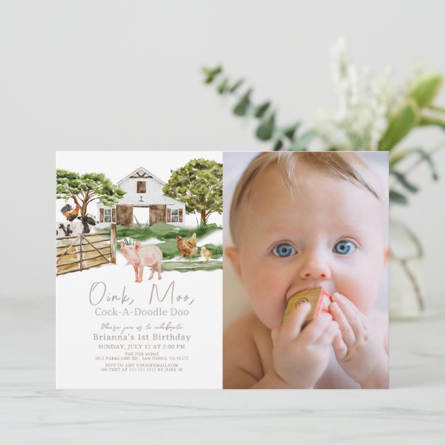 Boskap Barnyard W/C Foto 1:a födelsedagen Inbjudningar (Stående Fram)