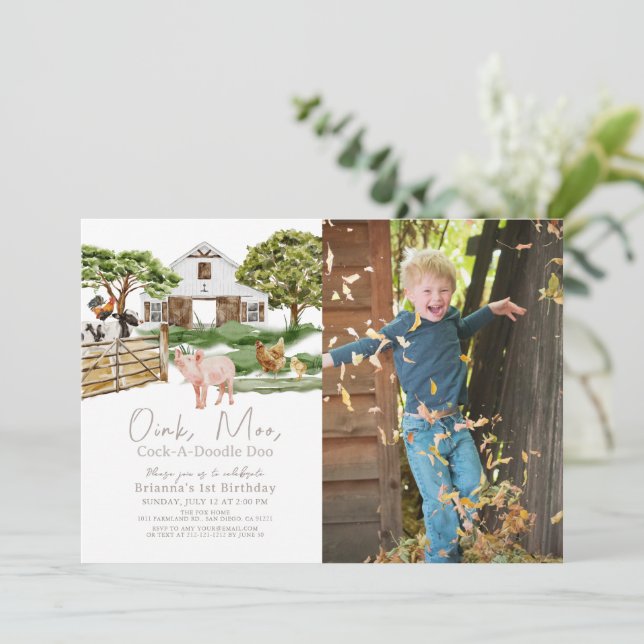 Boskap Barnyard Watercolor Photo Birthday Inbjudningar (Stående Fram)