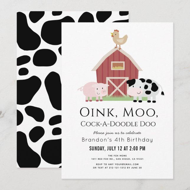 Boskap Barnyard White Birthday Inbjudningar (Fram/baksida)