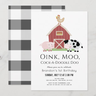Boskap Barnyard White Gingham 1st Birthday Inbjudningar