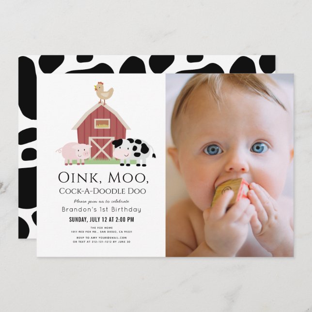 Boskap Barnyard White Photo 1st Birthday Inbjudningar (Fram/baksida)
