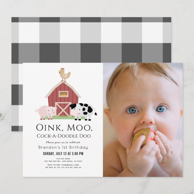 Boskap Barnyard White Photo 1st Birthday Inv Inbjudningar (Fram/baksida)