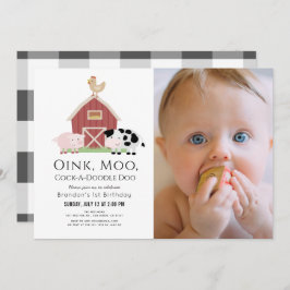 Boskap Barnyard White Photo 1st Birthday Inv Inbjudningar