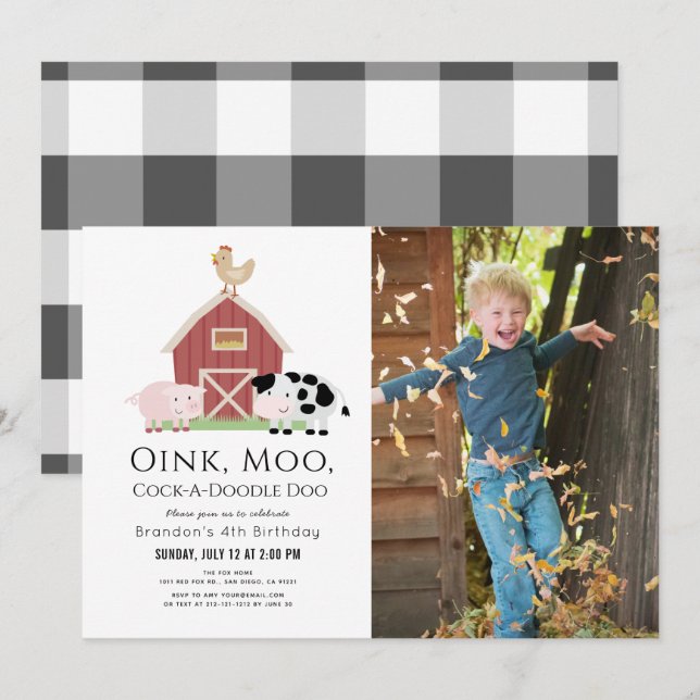 Boskap Barnyard White Photo Birthday-inbjudan Inbjudningar (Fram/baksida)