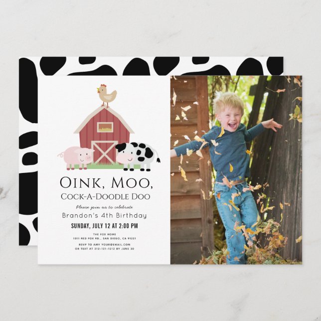 Boskap Barnyard White Photo Birthday Inbjudningar (Fram/baksida)
