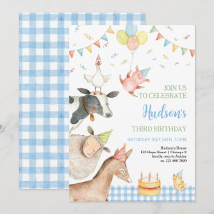 Boskap Blue Barnyard Girl Boy 3th Birthday Inbjudningar
