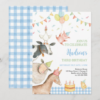 Boskap Blue Barnyard Girl Boy 3th Birthday Inbjudningar