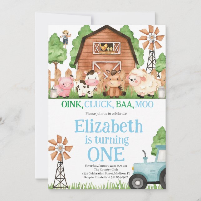 Boskap Blue Boy Barnyard Födelsedagsfest Inbjudningar (Framsida)