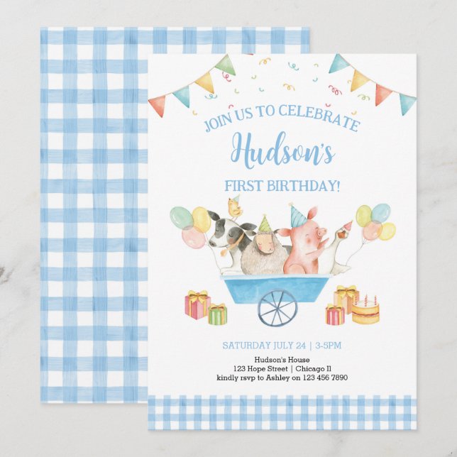 Boskap Blue Gingham Boy Girl First Birthday Inbjudningar (Fram/baksida)