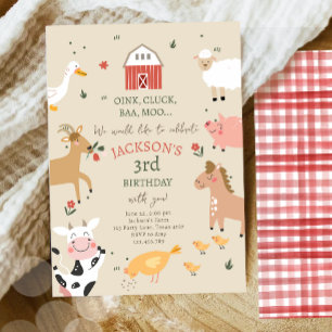 Boskap Boy Gingham Barnyard Birthday Inbjudningar