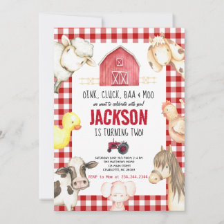 Boskap Boy Red Gingham Barnyard Birthday Inbjudningar