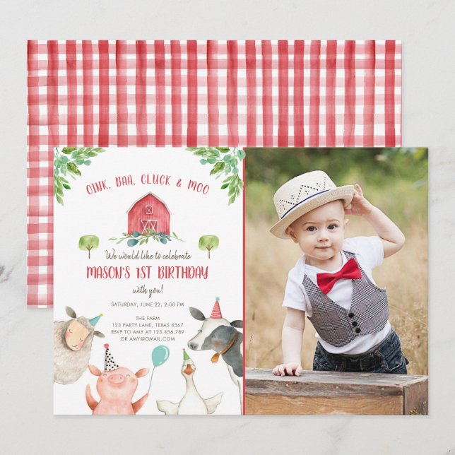 Boskap Boy Red Gingham Barnyard Birthday Inbjudningar (Fram/baksida)