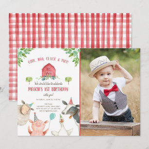 Boskap Boy Red Gingham Barnyard Birthday Inbjudningar