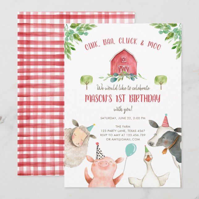 Boskap Boy Red Gingham Barnyard Birthday Inbjudningar (Fram/baksida)