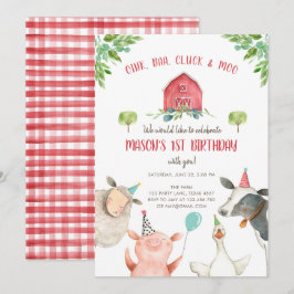 Boskap Boy Red Gingham Barnyard Birthday Inbjudningar
