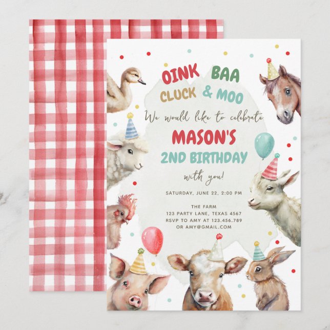 Boskap Boy Red Gingham Barnyard Birthday Inv Inbjudningar (Fram/baksida)