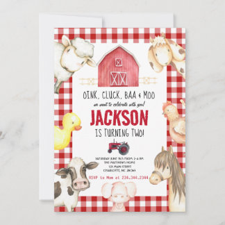 Boskap Boy Red Gingham Barnyard Birthday Inv Inbjudningar