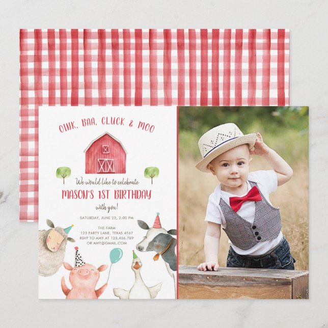Boskap Boy Red Gingham Barnyard födelsedag Inbjudningar (Fram/baksida)