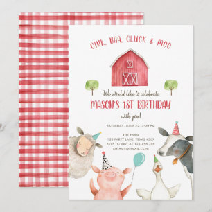 Boskap Boy Red Gingham Barnyard födelsedag Inbjudningar