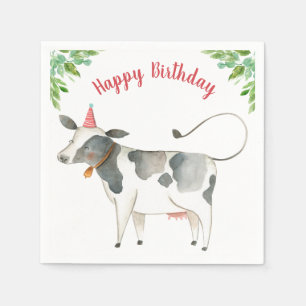 Boskap Cow Boy Birthday Barnyard Greenery Pappersservett