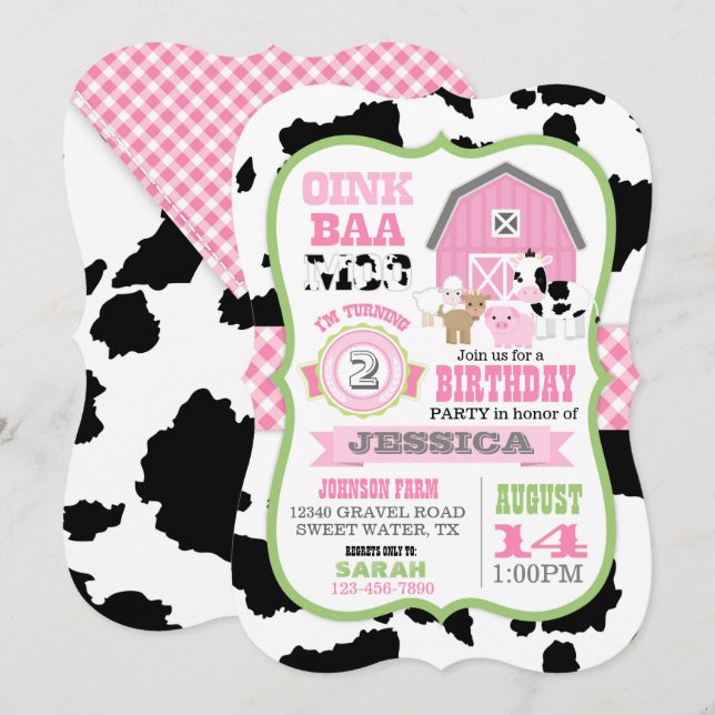 Boskap Cowhide Gingham Land Girl Birthday Inbjudningar (Fram/baksida)